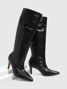 Daringsoles 女士尖头套脚性感黑色PU细高跟女靴秋冬靴阔腿靴中筒靴前卫夜店风华丽 - 黑色 - 查看 2