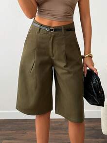 SHEIN Mid Waist Pleat Front Denim Short - Army Green - View 9