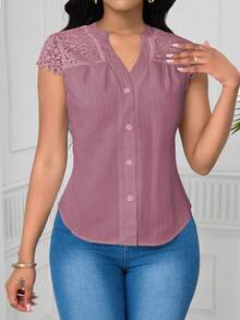 Lunelith SHEIN Lunessa Blus Wanita Lengan Pendek Bergaris Gelombang dengan Motif Renda Elegan - Dusty Pink - View 3