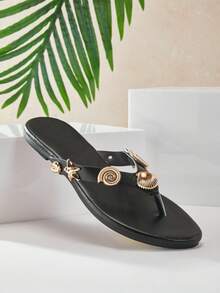 SHUZIA 魅力女士黑色多贝壳装饰人字拖凉鞋，舒适休闲，适合假日漫步，时尚春夏海滩玩乐 - 黑色 - 查看 7