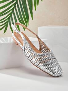 SHUZIA Ladies Elegant Crochet Woven PU Slingback Mules - Silver - View 6