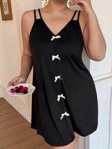 Dream Adore Plus Size Women V-Neck White Bow Tie Slit Design Soft & Comfortable Milk Silk Camisole Dress, Casual Loungewear Or Sleepwear - Black - View 4