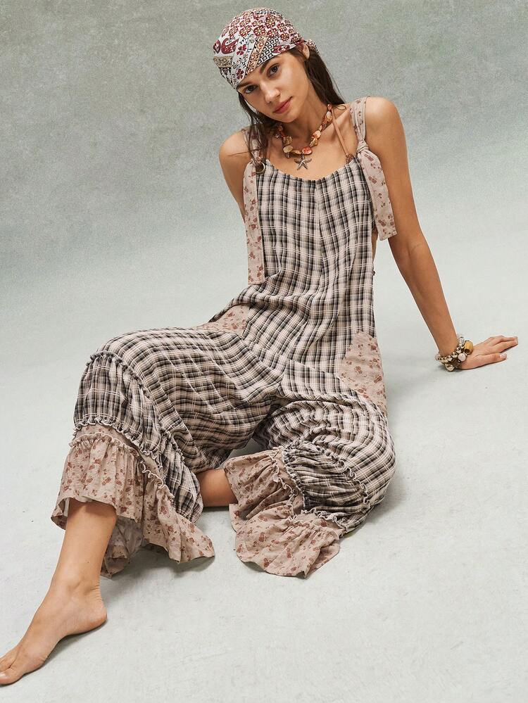 Bohemela Peto holgado informal de mujer con parche de cuadros, volantes en el bajo y diseño suelto - Negro - Ver 3