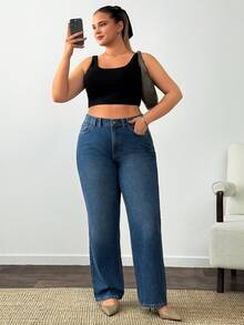 SHEIN 100% Cotton Plus High Waist Straight Leg Jeans - Medium Wash - View 5