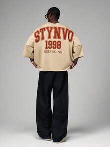 STYNVO 男士休闲字母印花短袖T恤，夏季 - 卡其色 - 查看 3