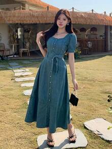 DAZY Women's Casual Washed Square Collar Belted Petal Sleeve Denim Dress, Summer - Blue - View 10