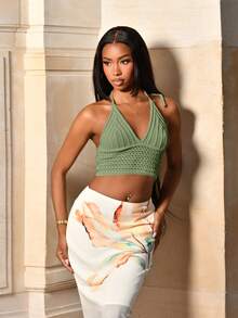 Mima John 领口系带腰部柔软海滩音乐节女式针织上衣 - 橄欖綠 - 查看 3