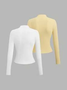 Sweetra Áo thun dài tay cổ cao xếp ly gợi cảm phong cách Y2K - Nhiều màu - Xem 2