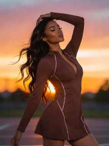 Innovista Women's Long Sleeve Tennis Dress With Shorts - Brown - View 1