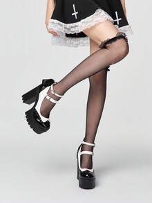 ROMWE Kawaii 女士性感蕾丝蝴蝶结仿珍珠搭扣厚底高跟鞋，春秋季时尚可调节绑带装饰玛丽珍高跟鞋，适合派对、外出、约会，Y2K 2000年代风格 - 白色 - 查看 3