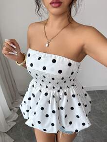 SHEIN Elenzya 女士春夏优雅时尚黑白大波点修身无袖无肩带上衣，灯笼裙摆，时尚百搭，适合通勤、外出、聚会等场合。 - 黑與白 - 查看 3