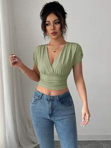 Elenzga Áo thun nữ cổ chữ V dáng suông, thắt eo - Màu xanh chanh - Xem 4