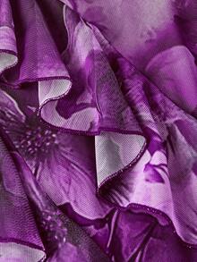 SHEIN MOD Đầm maxi dáng suông cổ chữ V, viền bèo nhún, xẻ cao, in họa tiết hoa nhuộm tie-dye. - Màu tím - Xem 4