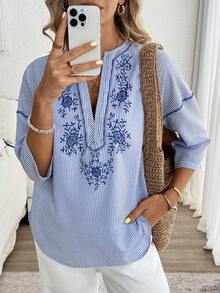 Louniche 标准尺码女士春夏翻领条纹刺绣落肩休闲度假衬衫 - 藍白色 - 查看 1