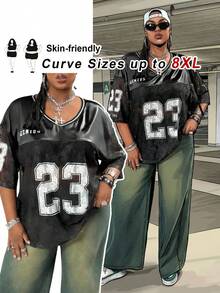 SHEIN CURVE+ Áo thun dệt kim dáng rộng phối màu ren dành cho nữ cỡ lớn, phong cách đường phố cho mùa xuân/hè. - màu đen - Xem 1