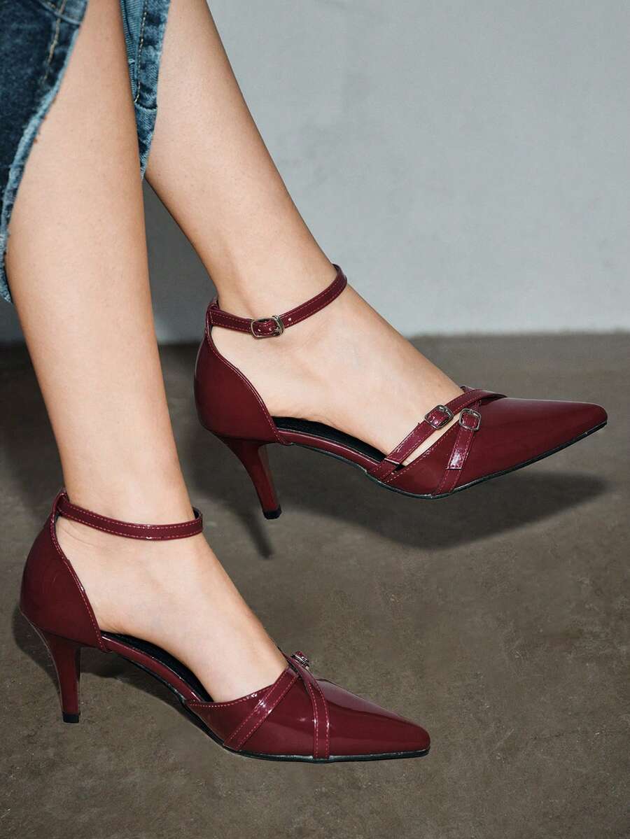 秋冬女士尖头露跟镂空高跟凉鞋，时尚性感，夏季新品，优雅猫跟，派对鞋 - 酒紅色 - 查看 1