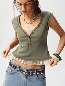 Bohemela Casual Knit Contrast Lace Slim Fit Women T-Shirt - Multicolor - View 7