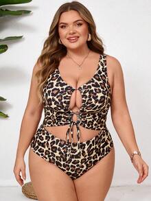 SHEIN CURVE+ 大码女式豹纹抽绳镂空连体泳衣，适合海滩穿着 - 彩色 - 查看 3