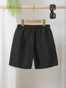 SHEIN Tween Boy Solid Color Drawstring Waist Swim Trunks - Black - View 2