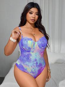 SHEIN Swim Curve 大码女士珍珠串珠交叉肩带带衬垫连体泳衣，时尚休闲度假 - 彩色 - 查看 5