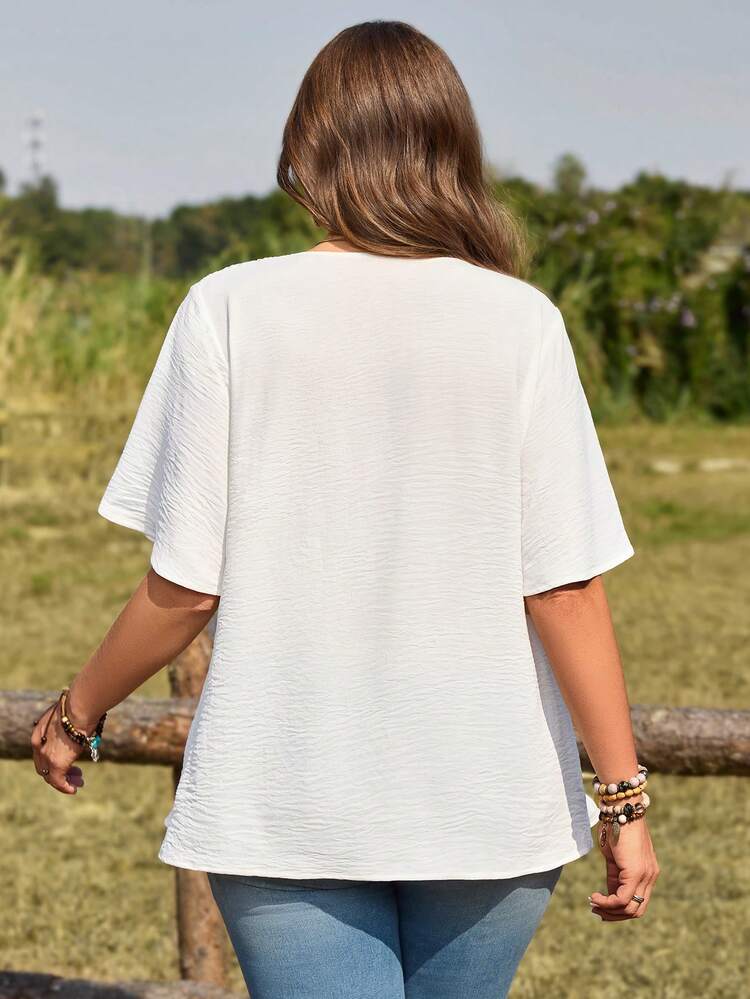 Plus Size Women Casual Solid Color Lace Patchwork Tassel Decor Blouse, Summer Outfit For Women,Spring Outfit Women,Vacation Outfits Women,Country Outfits For Women,Summer Holiday Outfits,Casual Blouse For Women,White Top,White Shirt Boho Tops For Women Women's Tops And Blouses Blouse For Women Casual Women's Tops For Summer Boutique Tops For Women Blouse For Women Summer Latest Tops For Women New Arrivals Buissness Casual Women Tops