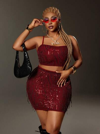 Maweii Plus Size Sexy Vintage Burgundy Beaded Tassel Decor Knit Cropped Top, 2 Pieces Set For Party