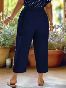 EMERY ROSE Plus Size Casual Solid Color Tapered Pants,Summer Outfits For Women - Navy Blue - View 2