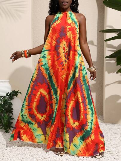 BamGleam Women's Summer Beach Sleeveless Backless Halter Tie Digital Placement Fashion Print Vacation Maxi Dress