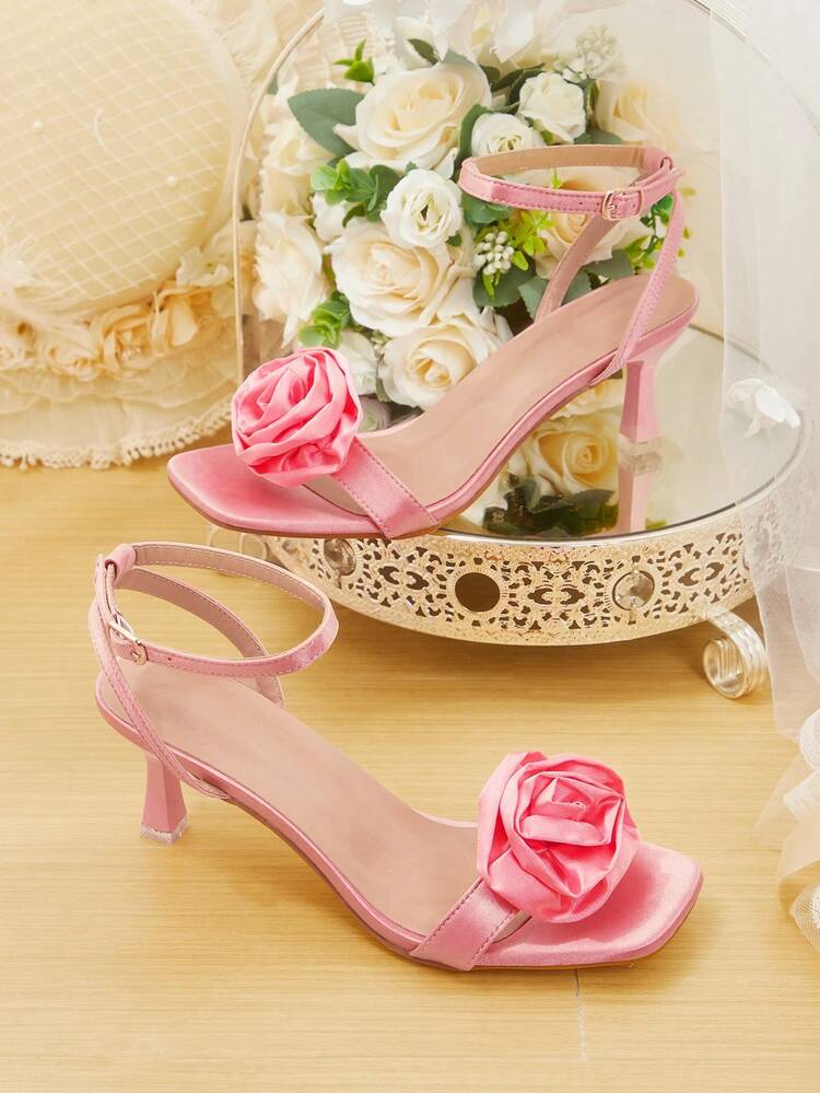 CUCCOO HITCHD Pink Satin Three-Dimensional Rose Decorative High-Heeled Sandals Women's Thin Strap Buckle Banquet Sandals Wedding Shoes Spring Shoes Bride Shoes
