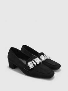 CUCCOO BIZCHIC Women's New Thick Heel Loafers, Fashionable Suede Rhinestone Decor Square Toe Shoes - Black - View 3