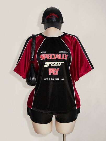 SHEIN ICON 大码女式黑红撞色赛车元素印花T恤