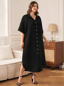 EMERY ROSE 大码女士休闲纯黑色纽扣口袋中长连衣裙，春夏款 - 黑色 - 查看 6