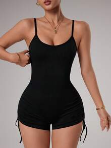 SHEIN Dewbera Bộ áo liền quần hở lưng màu đen dành cho nữ, quần đùi dây rút nâng mông, áo liền quần liền thân không đường may thích hợp cho tập thể dục yoga. - màu đen - Xem 4