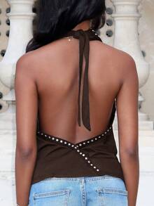 Mima John Fashionable Sexy Beaded Decor Halter Backless Crop Top, Summer - Chocolate Brown - View 2