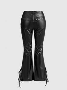 ROMWE Grunge Punk Sexy Studded Skinny Low-Waist PU Flare Pants - Black - View 2