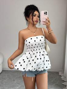 SHEIN Elenzya 女士春夏优雅时尚黑白大波点修身无袖无肩带上衣，灯笼裙摆，时尚百搭，适合通勤、外出、聚会等场合。 - 黑與白 - 查看 6