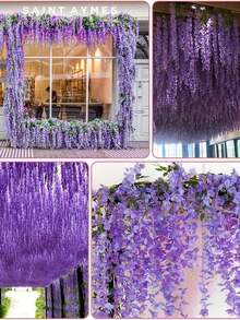 1/3/12件装 43英寸人造塑料紫藤花环，仿真紫藤花环，丝绸藤蔓，家居拱门墙花园绿色装饰卧室办公室派对装饰，户外婚礼装饰，母亲节，父亲节礼物生日返校季礼物 - 紫色 - 查看 7