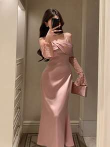 DAZY Women's Elegant Lace Patchwork Off Shoulder Mid-Length Dress, Suitable For Spring & Summer Sun Dresses For Women - Pink - View 7