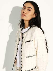 KSTM Lightweight Tweed Jacket With Black Contrast Trim And Chain Detail For Women - White - View 5