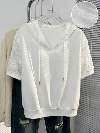 GlowEve Women's Lace Patchwork Drawstring Hooded Casual Versatile Daily Short Sleeve Sweatshirt