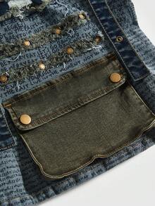 ROMWE Hippie 复古性感嬉皮风修身报纸印花做旧毛边下摆工装口袋女式牛仔背心 - 彩色 - 查看 4