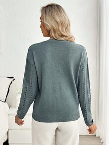 Louniche Spring/Summer Casual Commuter Green Long Sleeve Hollow V-Neck Knit Sweater - Green - View 2