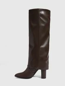 Daringsoles 女士尖头性感靴子，侧拉链秋冬靴，PU皮裤靴，度假派对女靴，华丽棕色粗跟搭扣 - 咖啡棕 - 查看 4