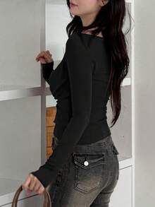 DAZY 2pcs/Set Sexy Design Long Sleeve T-Shirt, Neckline Decor, Slim Fit Casual Top For Women - Black - View 5