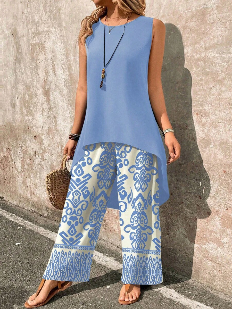 EMERY ROSE Women's Solid Color Round Neck Long Top And Wide Leg Pants Casual Suit - Baby Blue - View 1