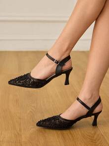CUCCOO HITCHD Tacones de aguja con diamante de imitación para mujer, de tacón medio. Zapatos de vestir elegantes, casuales y minimalistas, cómodos y de fácil puesta, para bodas, trabajo, citas y ocasiones formales - Negro - Ver 2