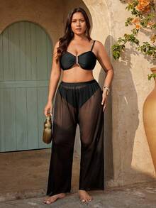 Swim Oasis Damen Große Größen Sommer Strand einfarbiger Spaghetti-Träger Bikini-Set mit weiter Hose - Schwarz - Übersicht 1