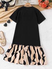 SHEIN 少女针织纯色拼接几何下摆休闲连衣裙 - 黑色 - 查看 2