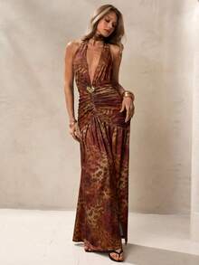 Modelyn Women's Leopard & Floral Print Backless Maxi Dress,Summer Brown 70s Party Holiday Glamorous Earth Tone Halter Bronze Wedding Guest Long Dress - Multicolor - View 6