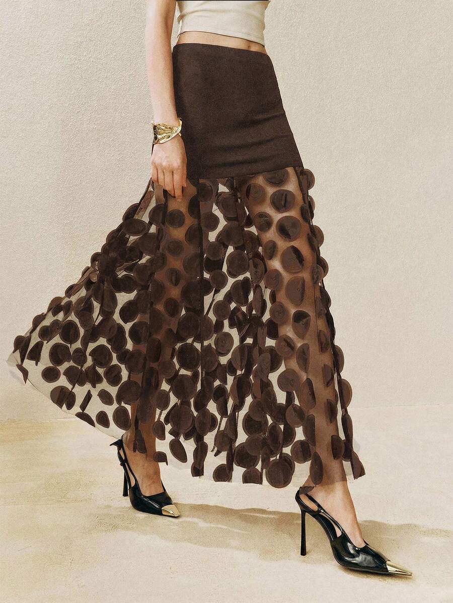 Revavyn 女士高腰A字裙，采用弹力针织面料，网纱拼接，刺绣和大波点设计，优雅约会之选 - 咖啡棕 - 查看 1